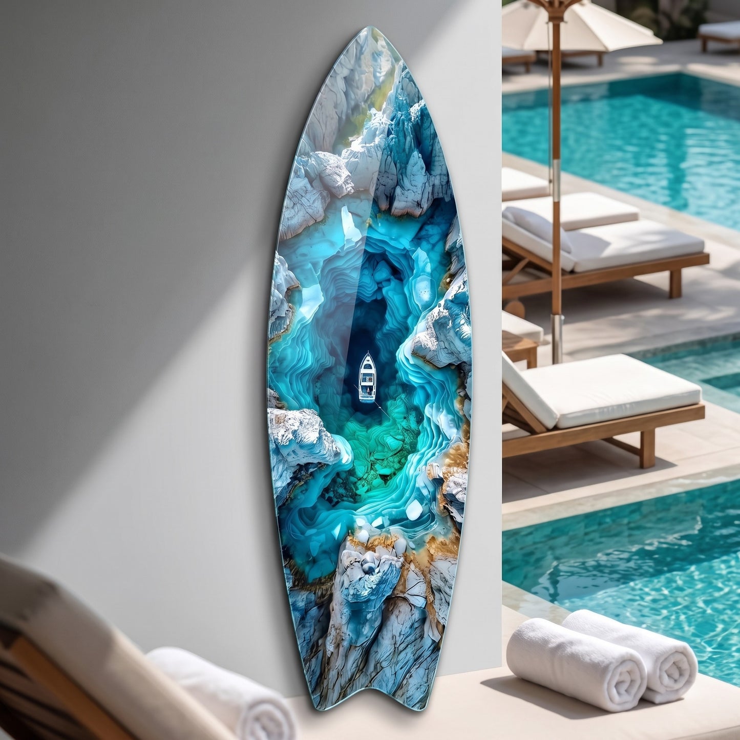 Mavi Kanyonun Derinliklerinde Yalnız Tekne Manzarası Surf Board Cam Tablo