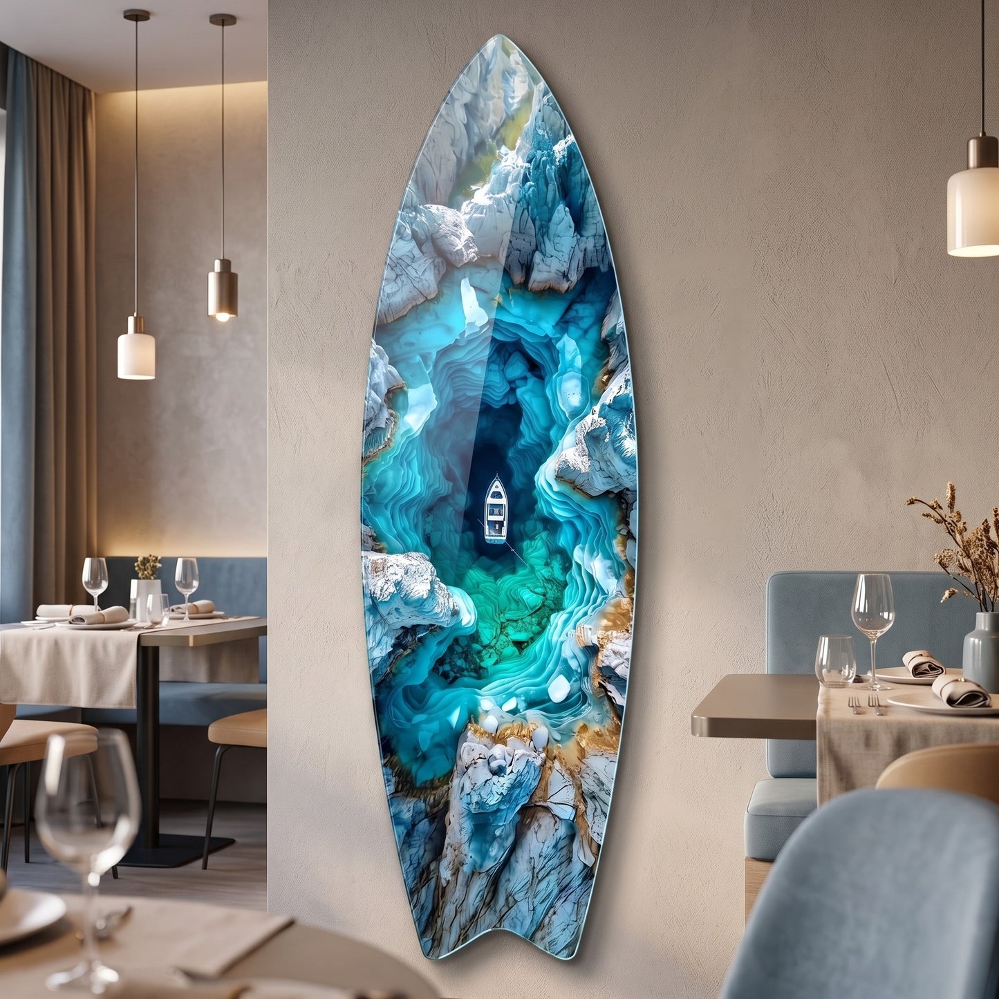 Mavi Kanyonun Derinliklerinde Yalnız Tekne Manzarası Surf Board Cam Tablo