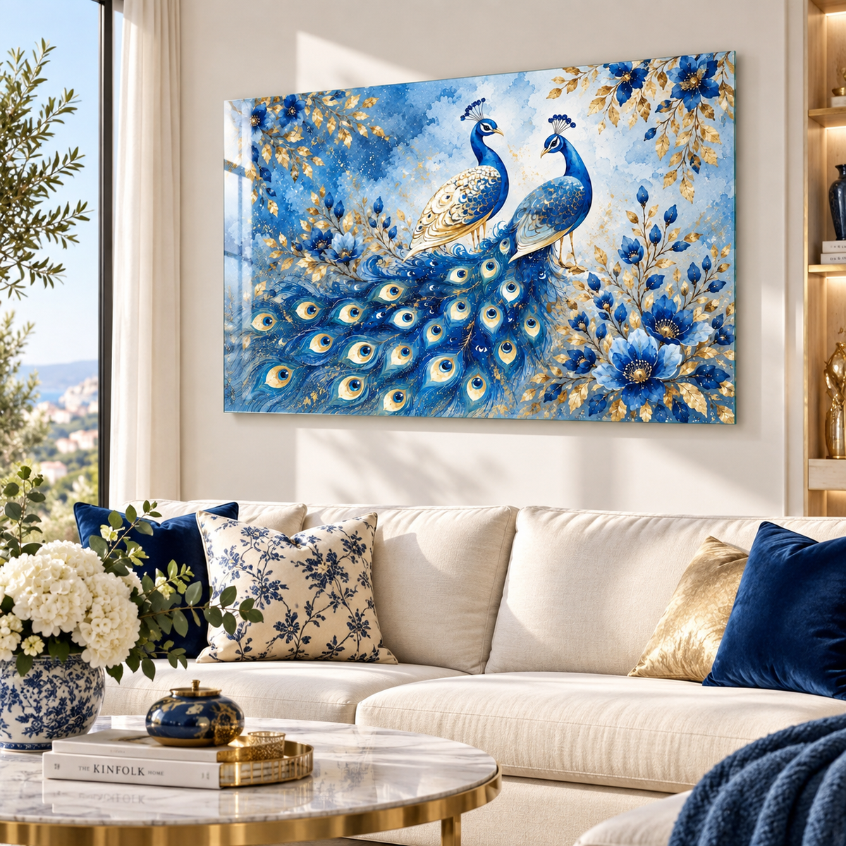 Çiçekli mavi gold tavus kuşları yatay cam tablo premium salon mockup