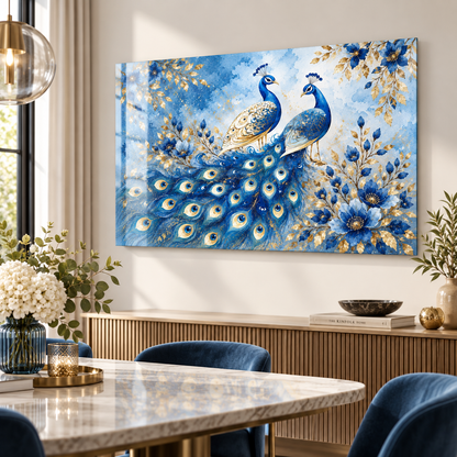 Çiçekli mavi gold tavus kuşları yatay cam tablo yemek odası mockup