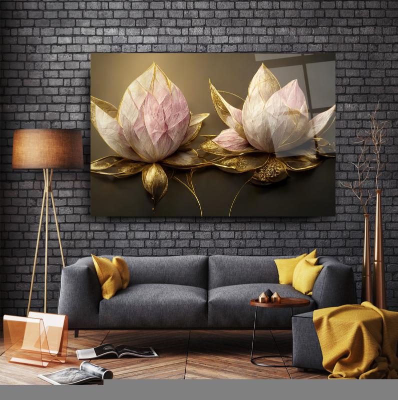 Lotus Çiçek Yatay Cam Tablo