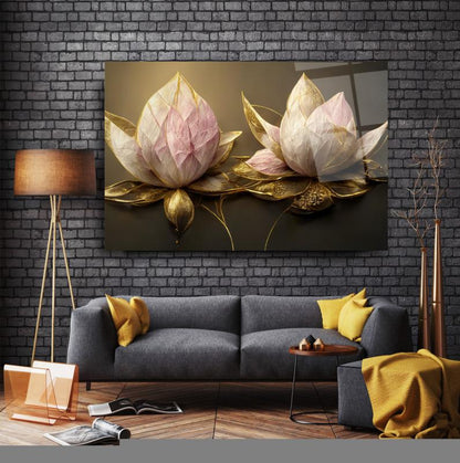 Lotus Çiçek Yatay Cam Tablo
