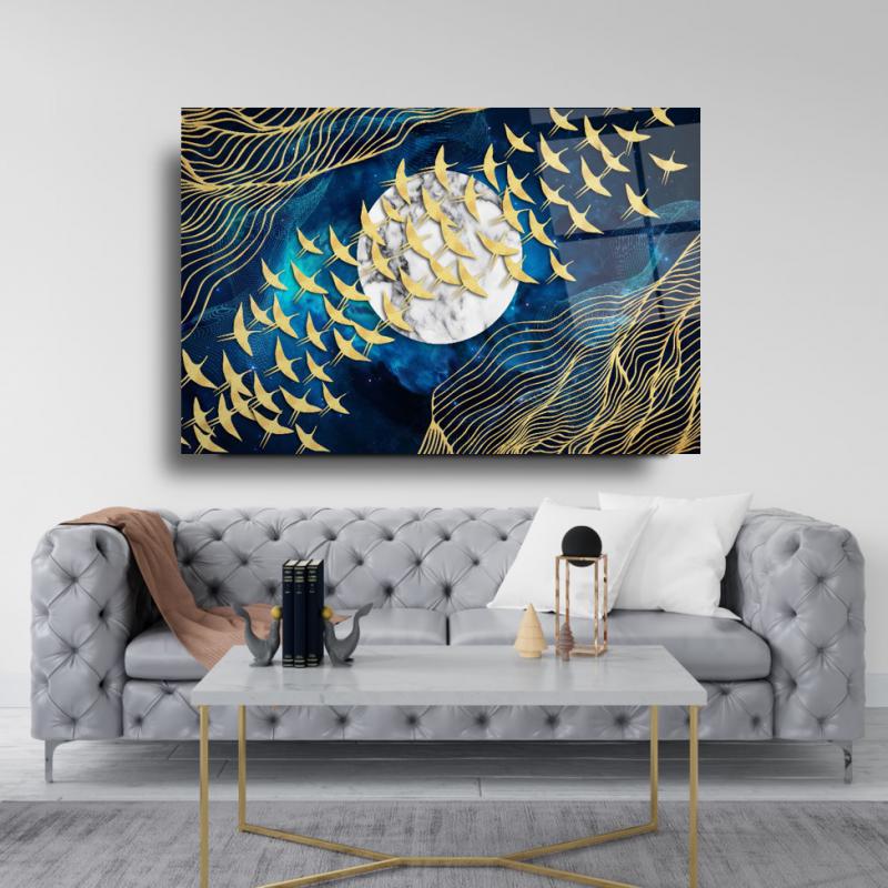 Ay Ve Kuşlar Yatay Cam Tablo