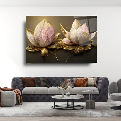Lotus Çiçek Yatay Cam Tablo