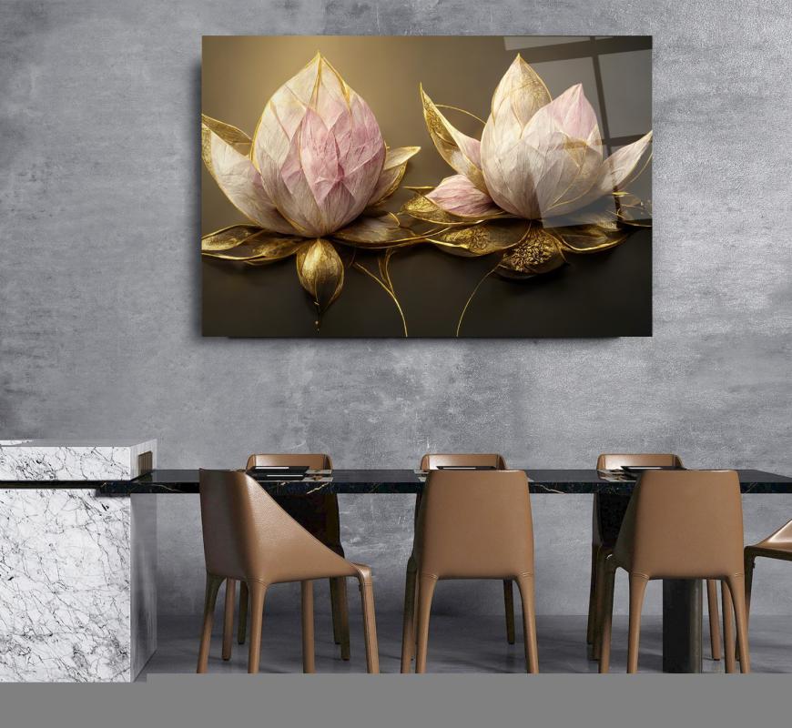 Lotus Çiçek Yatay Cam Tablo