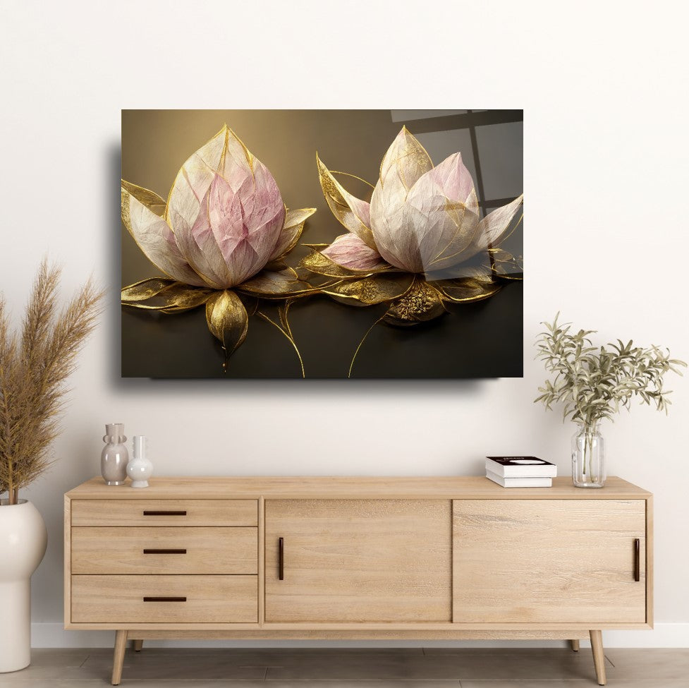 Lotus Çiçek Yatay Cam Tablo