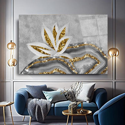 Mermer Soyut Çiçek Yatay Cam Tablo