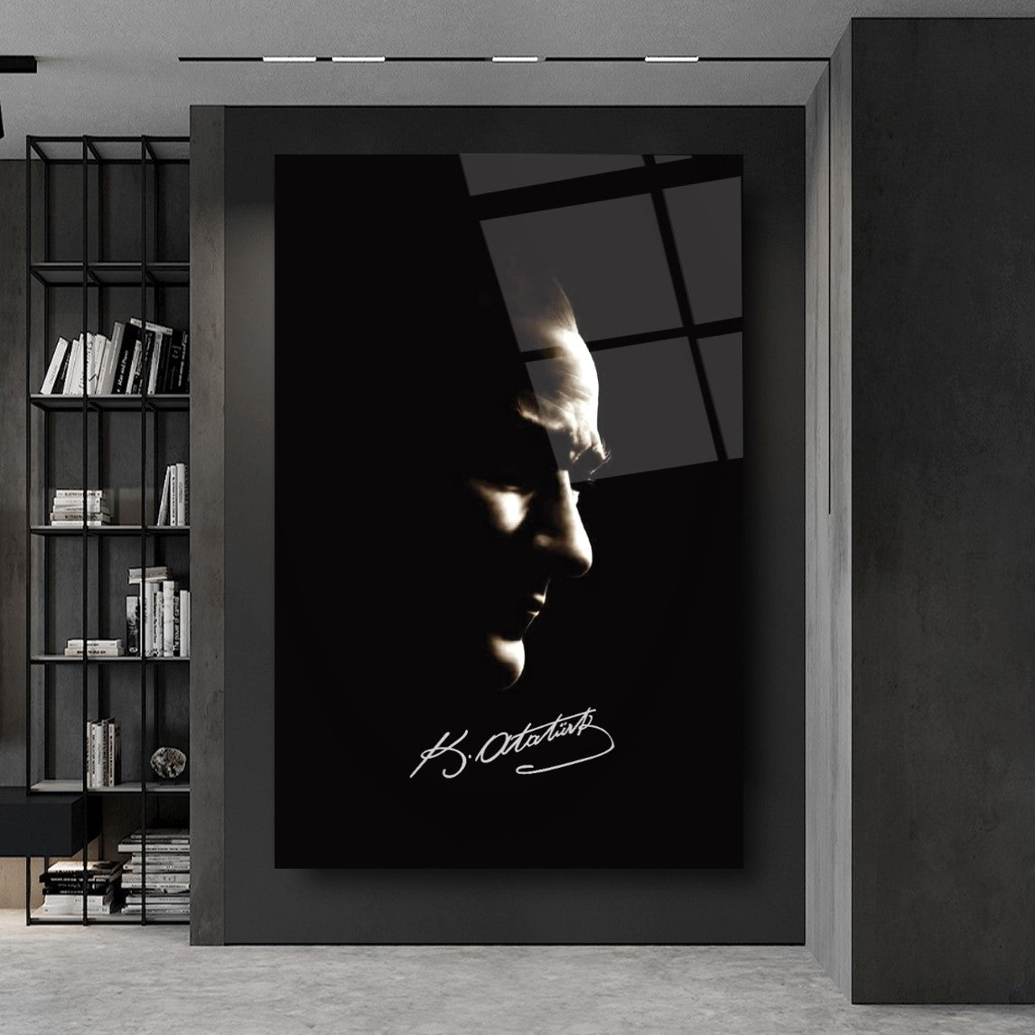 Atatürk Silüeti ve İmzası Dikey Cam Tablo