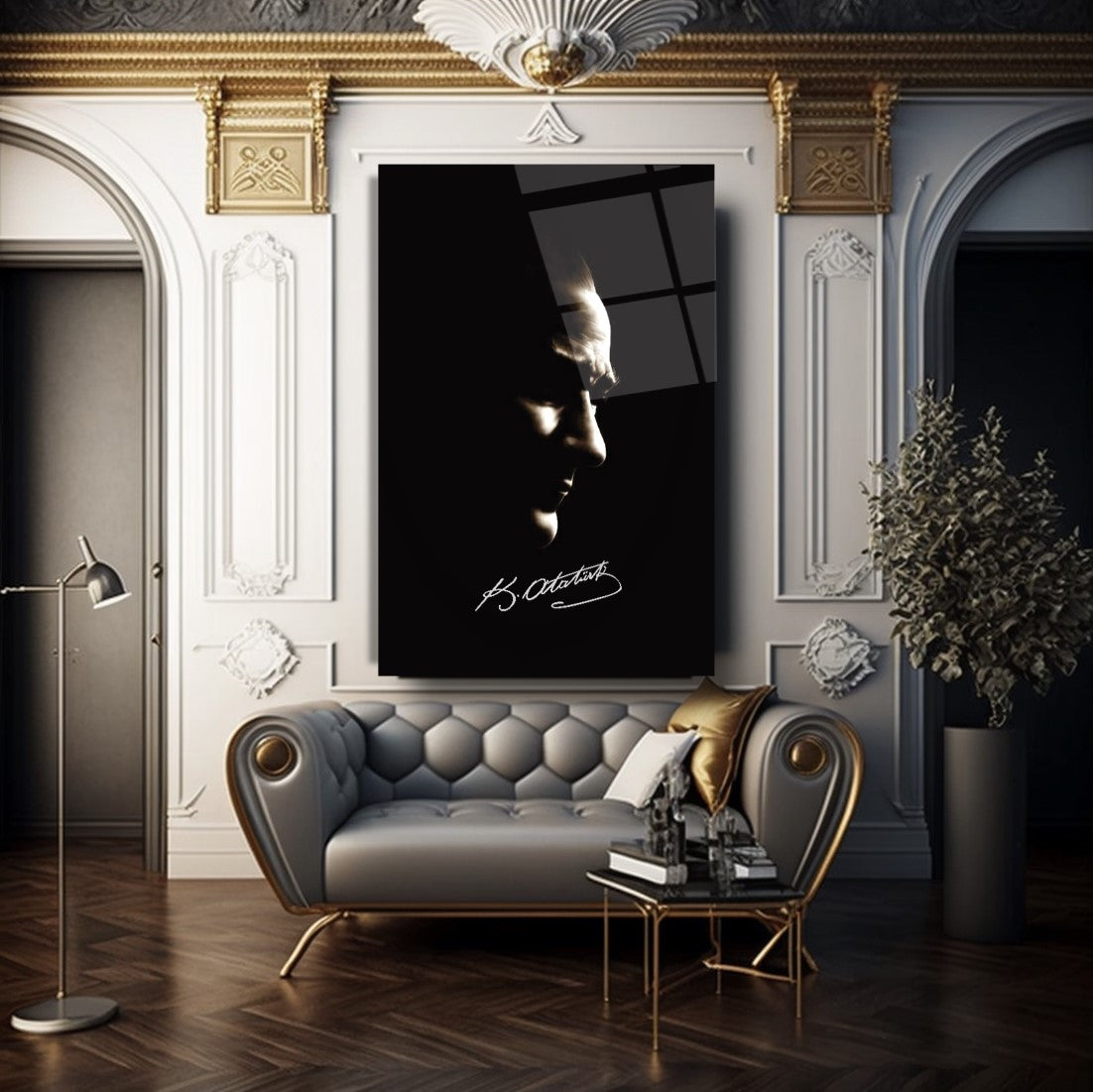 Atatürk Silüeti ve İmzası Dikey Cam Tablo