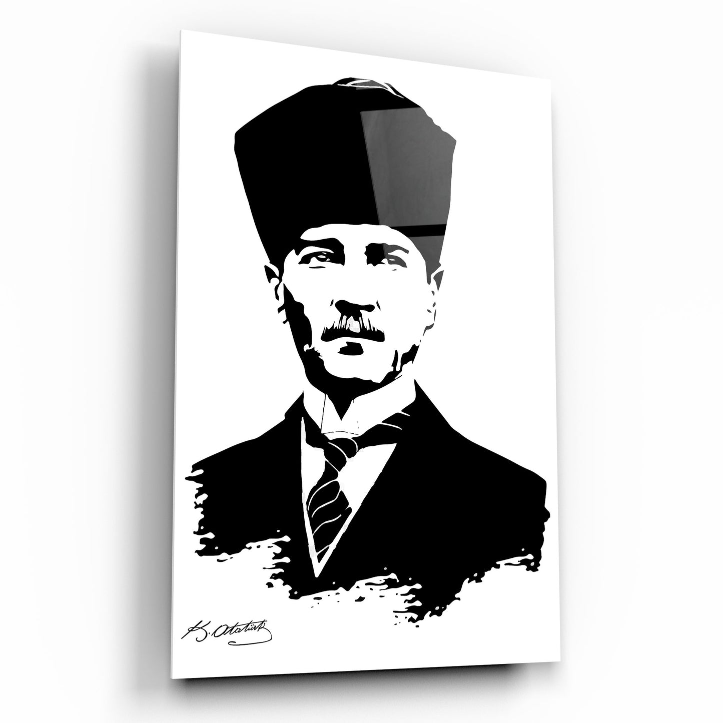 Atatürk Silüeti ve İmzası Dikey Cam Tablo