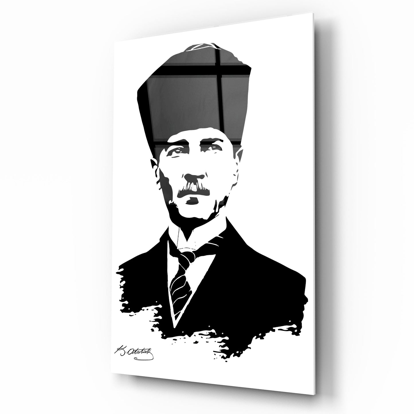 Atatürk Silüeti ve İmzası Dikey Cam Tablo