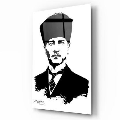 Atatürk Silüeti ve İmzası Dikey Cam Tablo