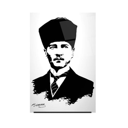 Atatürk Silüeti ve İmzası Dikey Cam Tablo