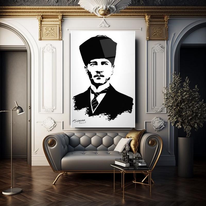 Atatürk Silüeti ve İmzası Dikey Cam Tablo