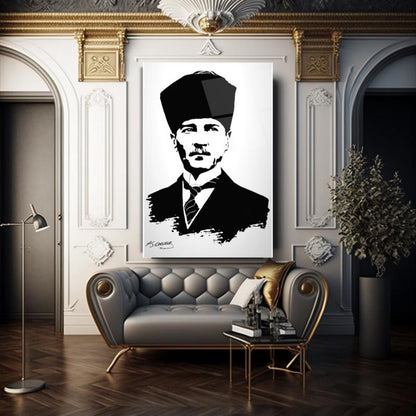 Atatürk Silüeti ve İmzası Dikey Cam Tablo
