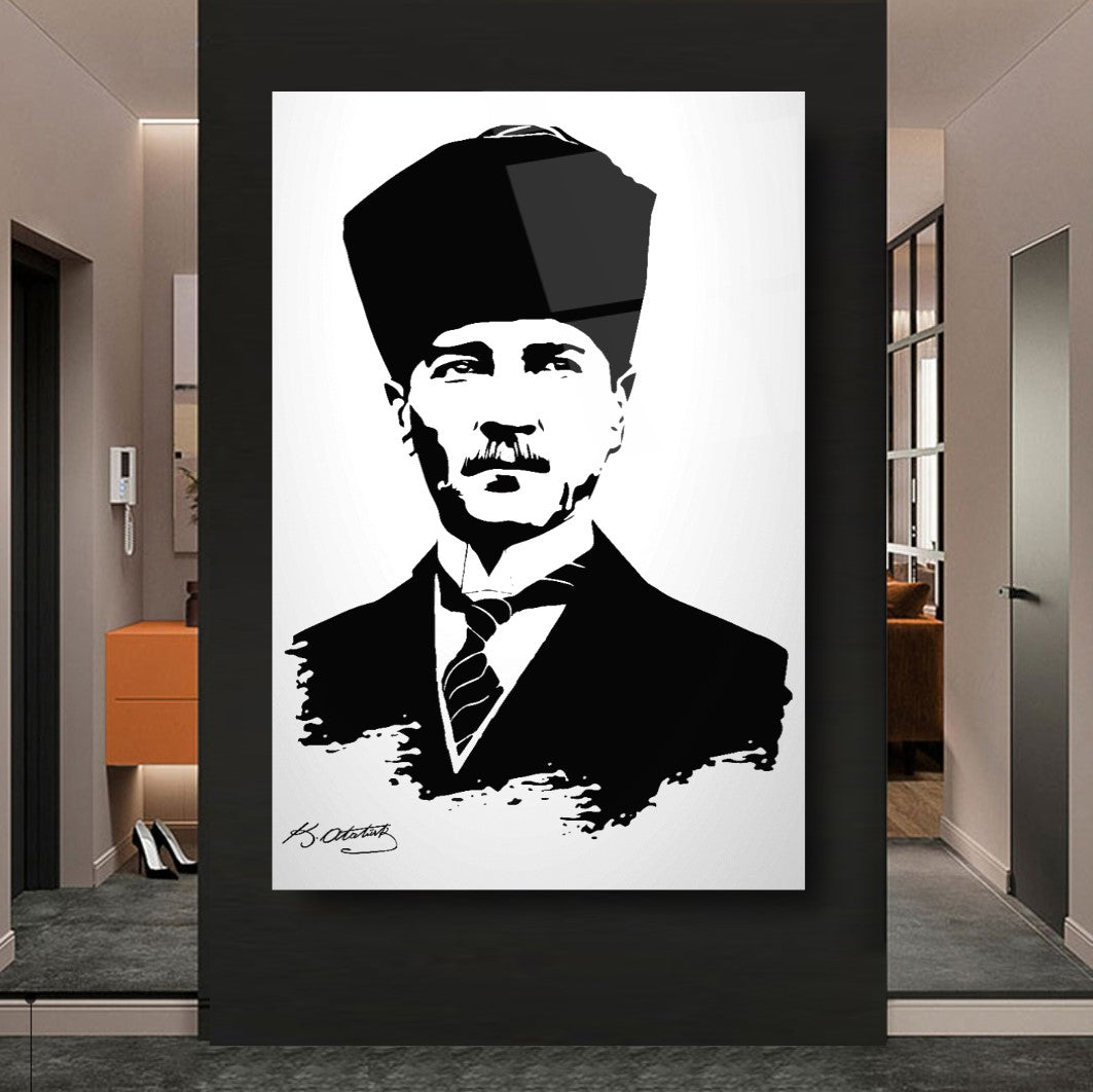 Atatürk Silüeti ve İmzası Dikey Cam Tablo