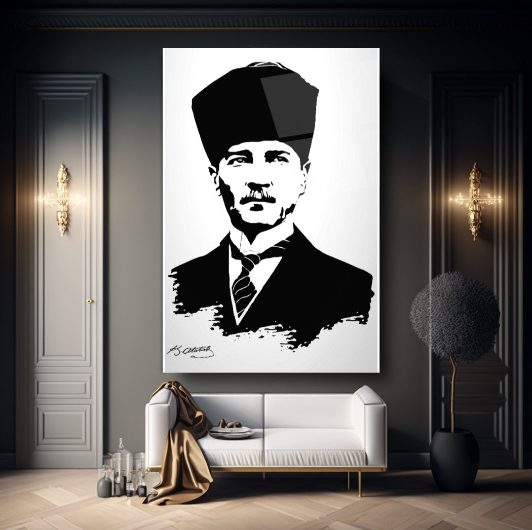 Atatürk Silüeti ve İmzası Dikey Cam Tablo