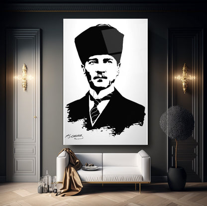 Atatürk Silüeti ve İmzası Dikey Cam Tablo