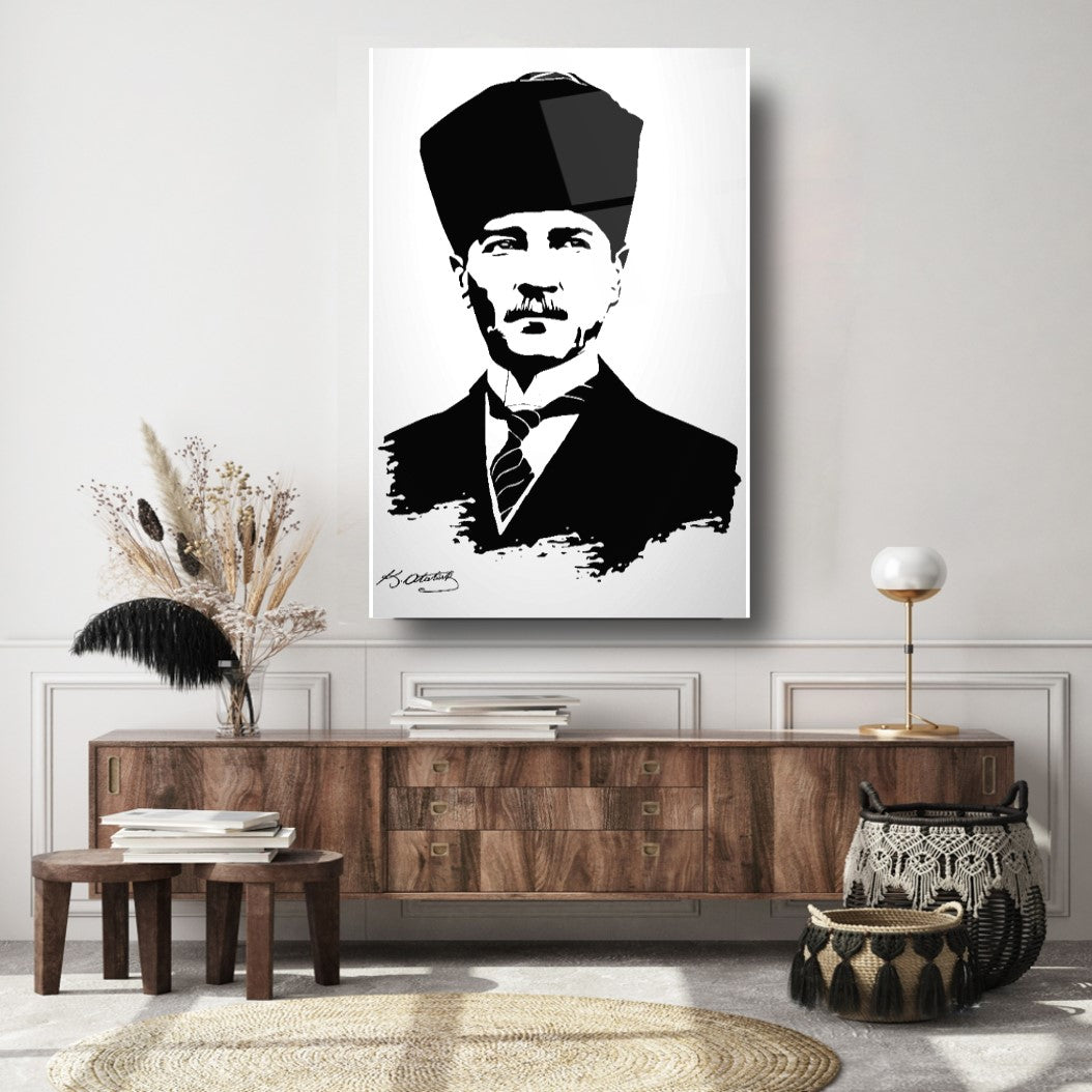 Atatürk Silüeti ve İmzası Dikey Cam Tablo