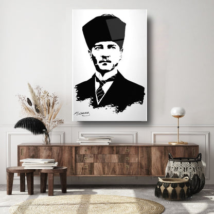 Atatürk Silüeti ve İmzası Dikey Cam Tablo