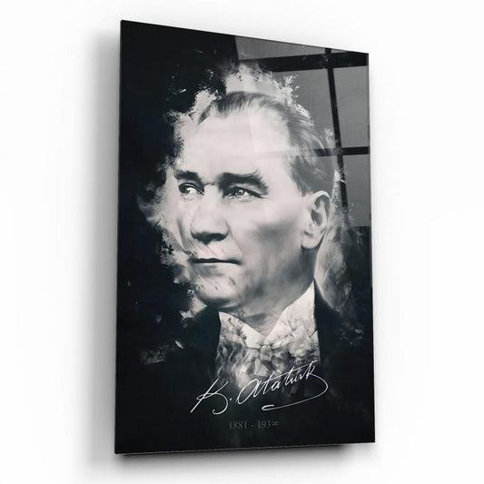 Atatürk Silüeti ve İmzası Dikey Cam Tablo