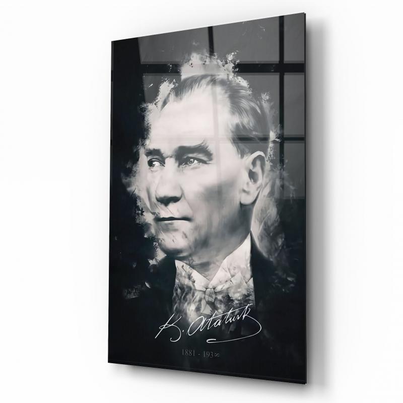 Atatürk Silüeti ve İmzası Dikey Cam Tablo