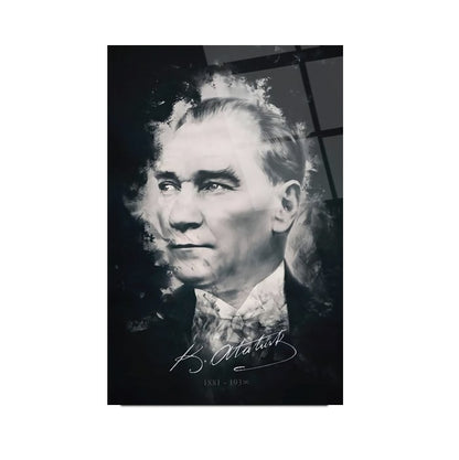 Atatürk Silüeti ve İmzası Dikey Cam Tablo