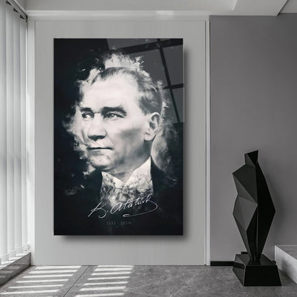 Atatürk Silüeti ve İmzası Dikey Cam Tablo