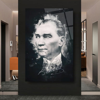 Atatürk Silüeti ve İmzası Dikey Cam Tablo