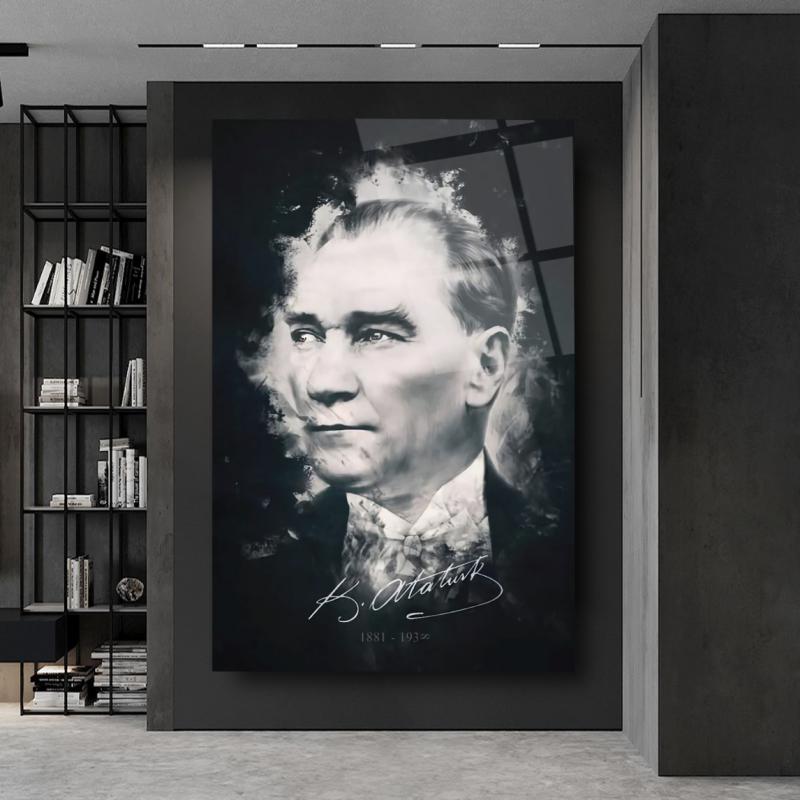 Atatürk Silüeti ve İmzası Dikey Cam Tablo