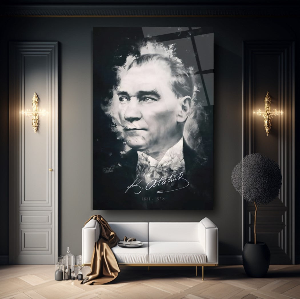 Atatürk Silüeti ve İmzası Dikey Cam Tablo