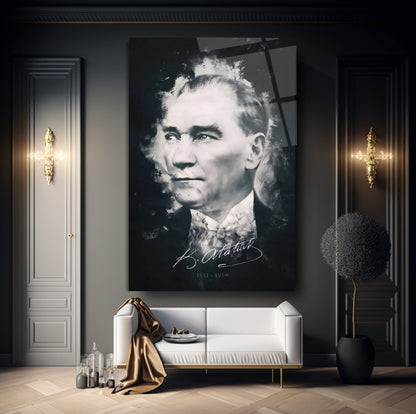 Atatürk Silüeti ve İmzası Dikey Cam Tablo