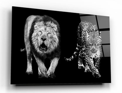 Aslan ve Leopar Yatay Cam Tablo