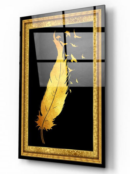 Gold Tüy ve Kuşlar Dikey Cam Tablo