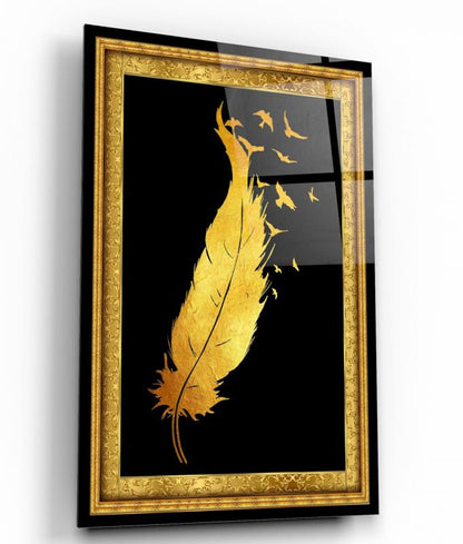 Gold Tüy ve Kuşlar Dikey Cam Tablo