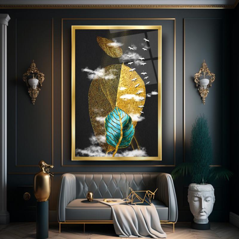 Gold Yapraklar Dikey Cam Tablo