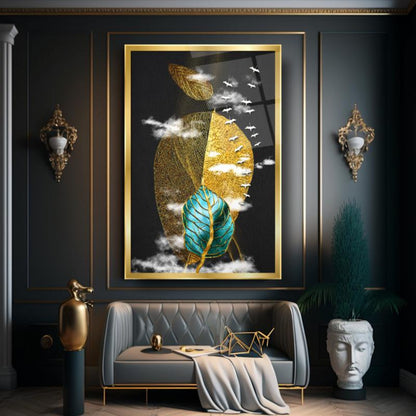 Gold Yapraklar Dikey Cam Tablo