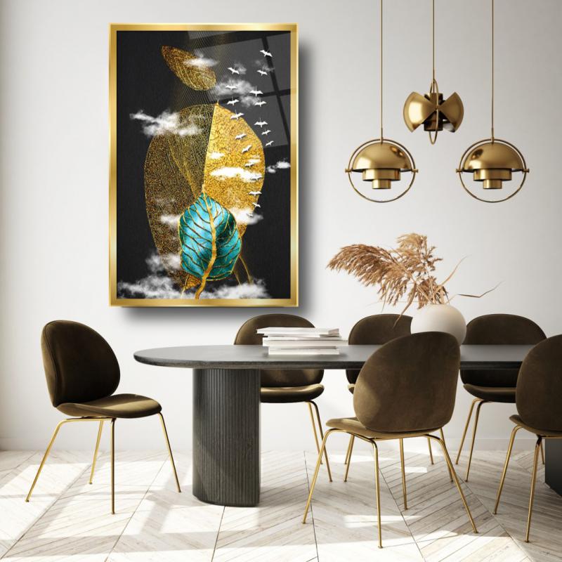 Gold Yapraklar Dikey Cam Tablo