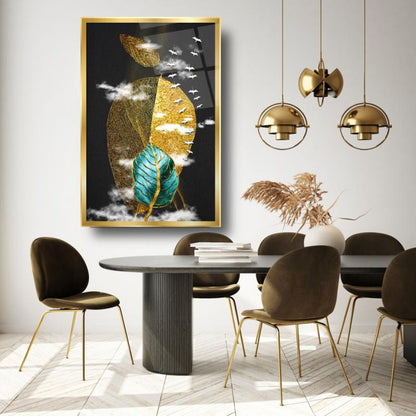 Gold Yapraklar Dikey Cam Tablo