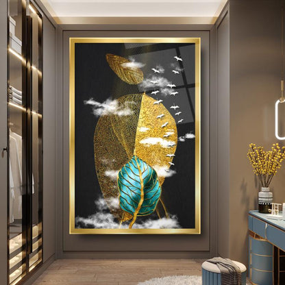 Gold Yapraklar Dikey Cam Tablo