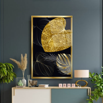 Gold Yapraklar Dikey Cam Tablo