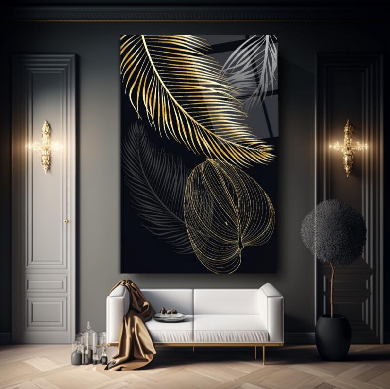 Gold Yapraklar Dikey Cam Tablo