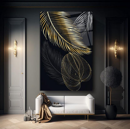 Gold Yapraklar Dikey Cam Tablo