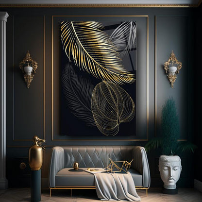 Gold Yapraklar Dikey Cam Tablo