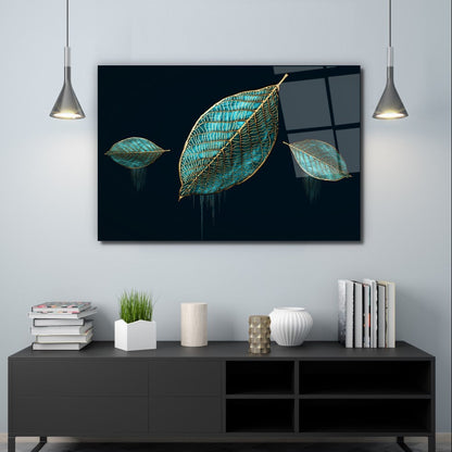 Gold Yapraklar Yatay Cam Tablo