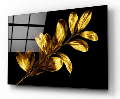 Gold Yapraklar Yatay Cam Tablo