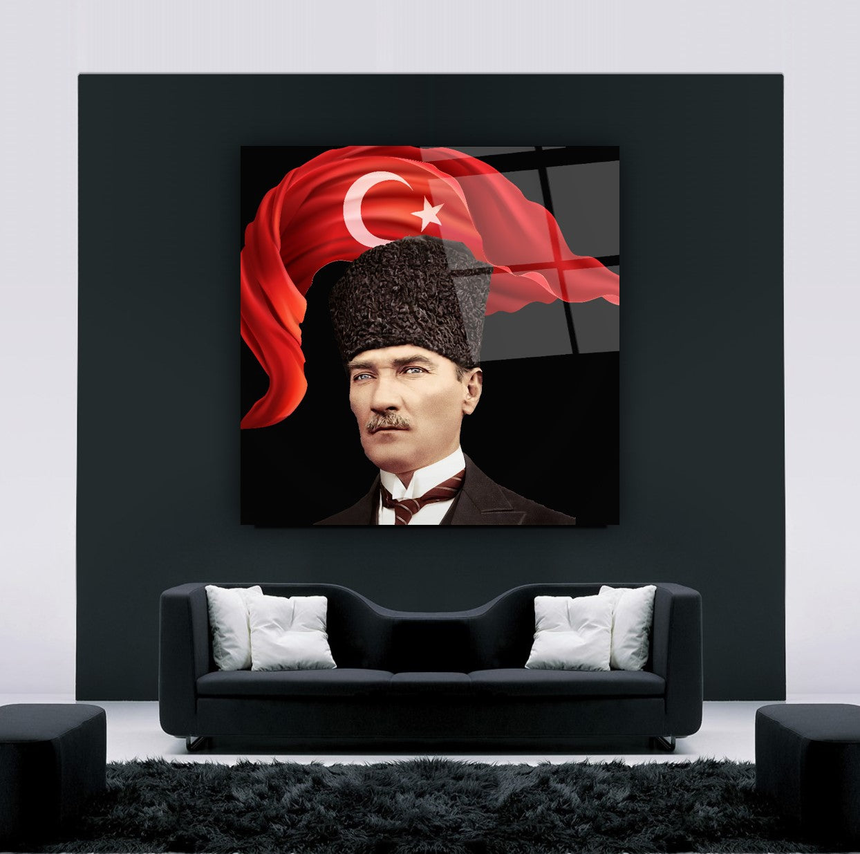 Atatürk ve Bayrak Kare Cam Tablo
