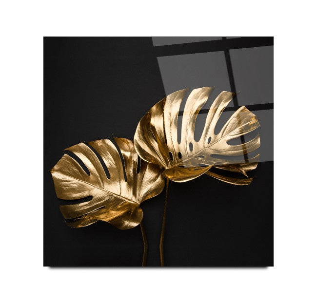 Gold Yapraklar Kare Cam Tablo