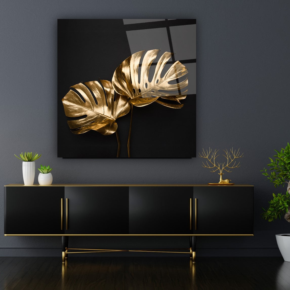 Gold Yapraklar Kare Cam Tablo