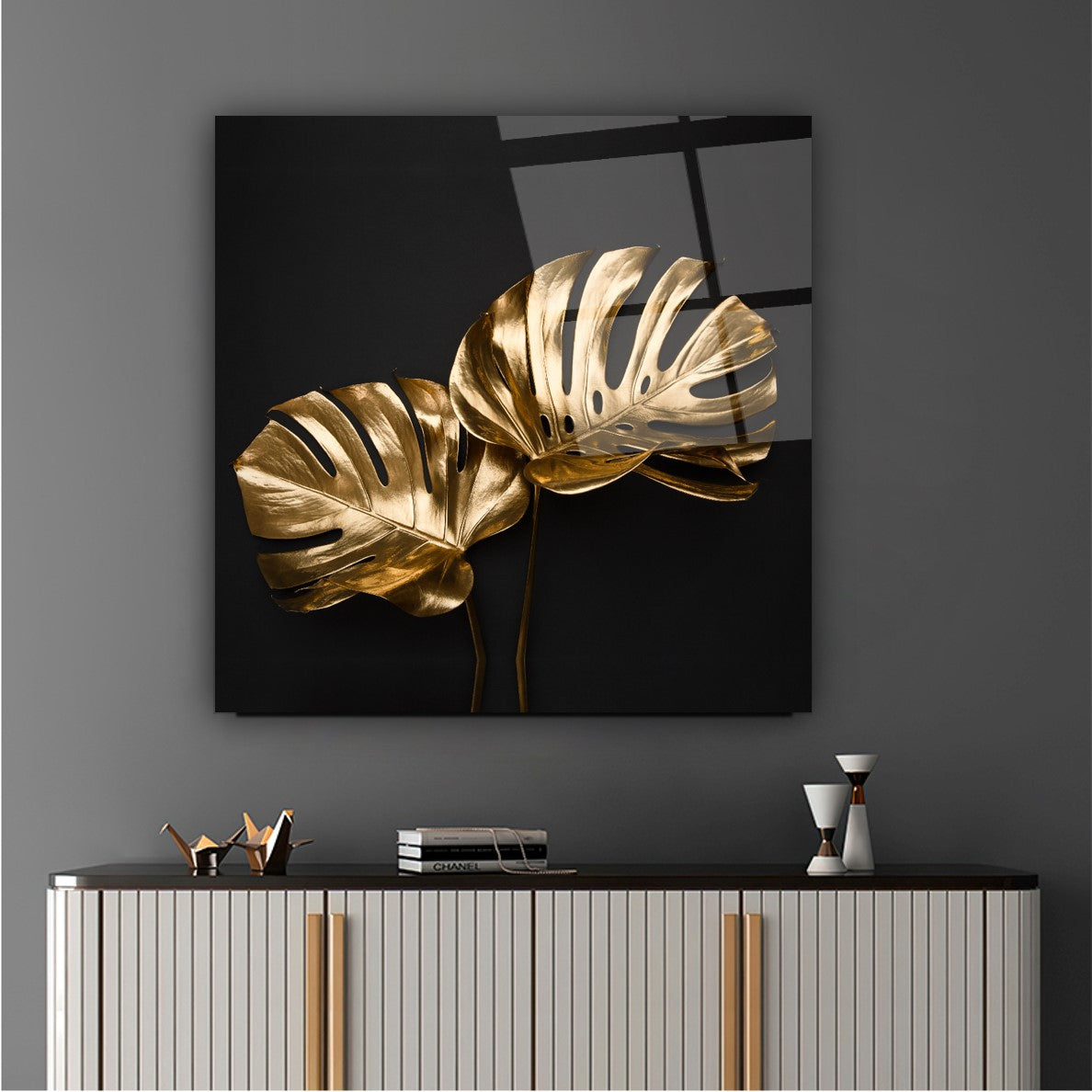 Gold Yapraklar Kare Cam Tablo